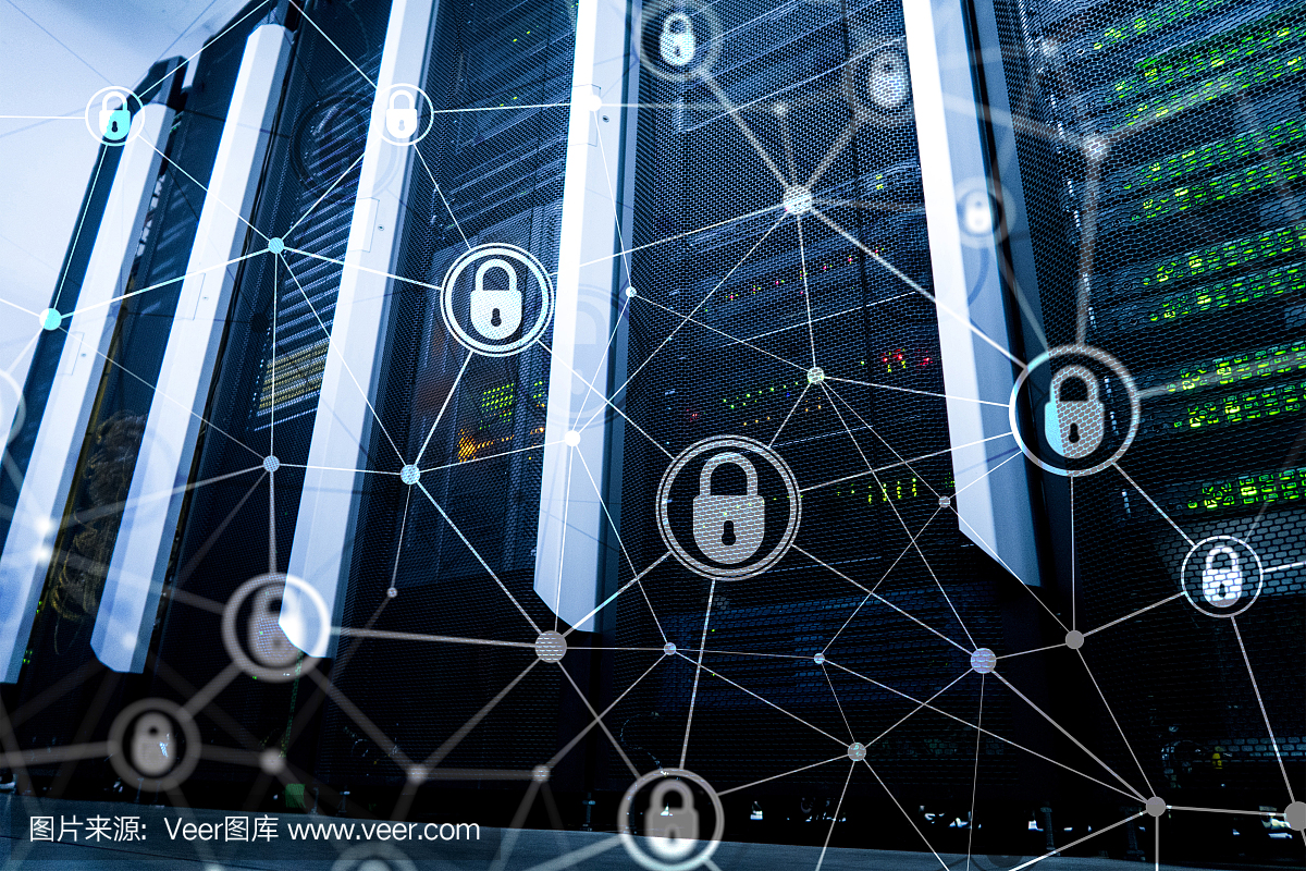 網絡安全,信息隱私,數據保護概念在現代服務器室背景下?；ヂ摼W和數字技術的概念。