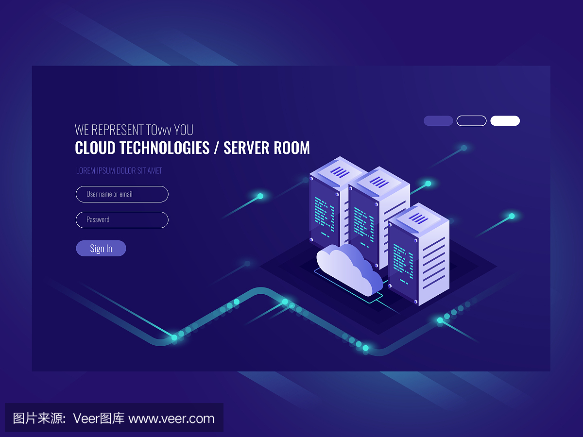 云數(shù)據(jù)中心、服務器室圖標、信息請求處理、計算機技術、等距矢量紫外